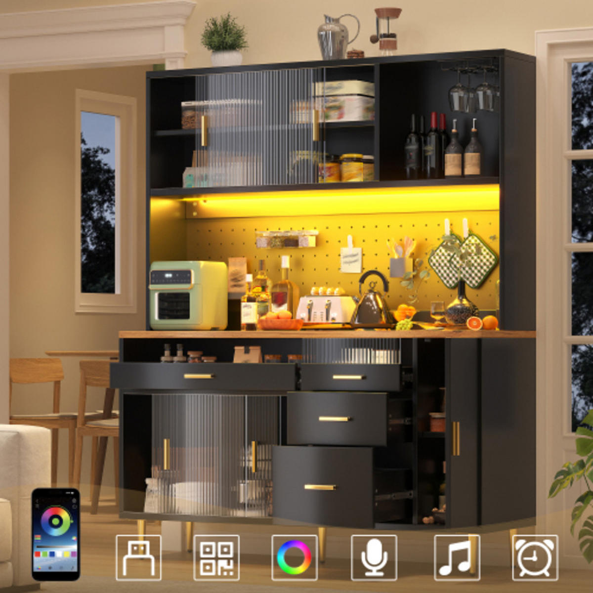 HOCHVITRINE 145×39×171 cm aus MDF und Glas mit App-gesteuerter LED-Beleuchtung, schwarz - Schwarz, Holzwerkstoff (145/171/39cm) - Luhomfu