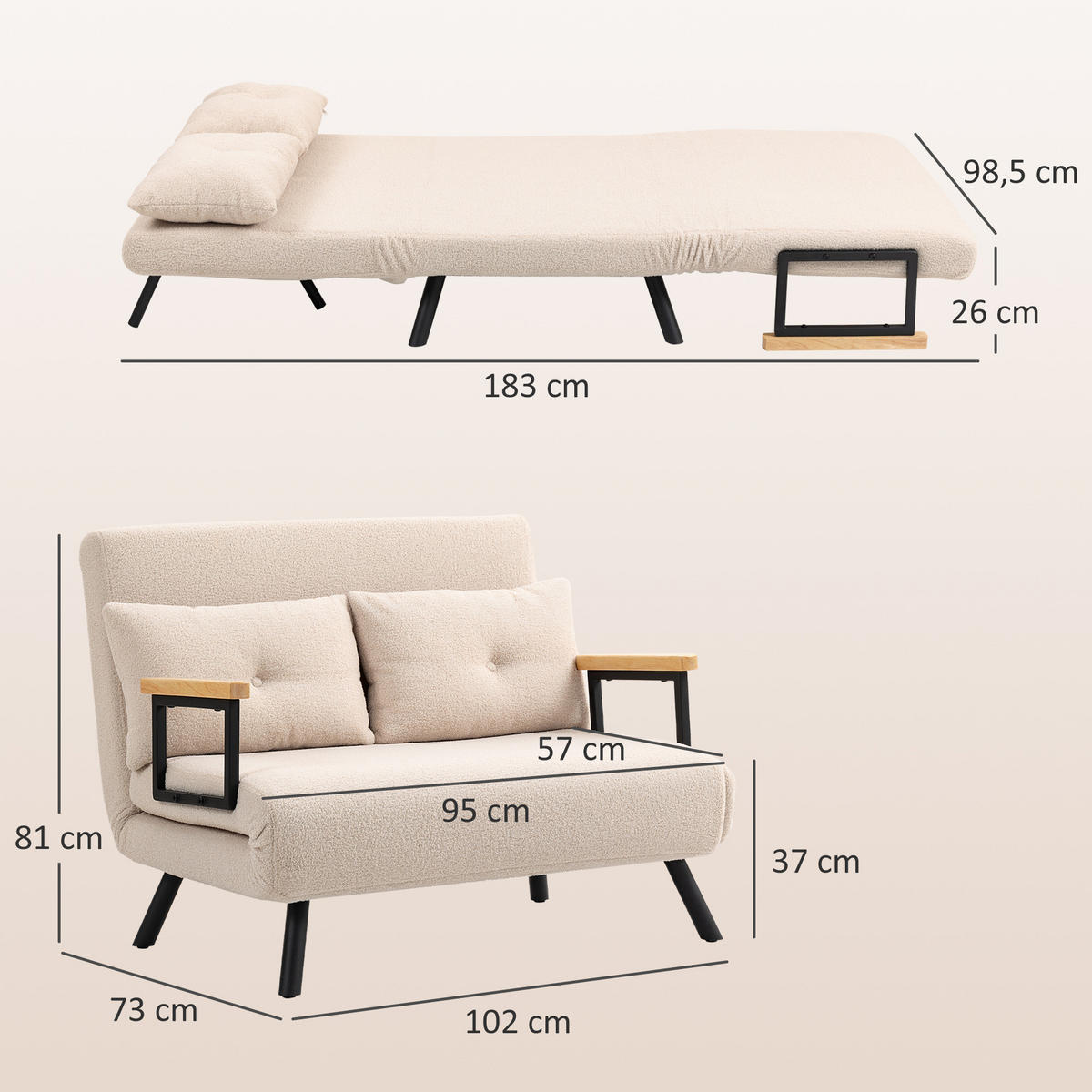 SCHLAFSOFA, Zweisitzer mit Bettfunktion, Schlafcouch mit Samtoptik, Rückenkissen - Beige/Schwarz, Holz/Textil (73/81/102cm) - HOMCOM