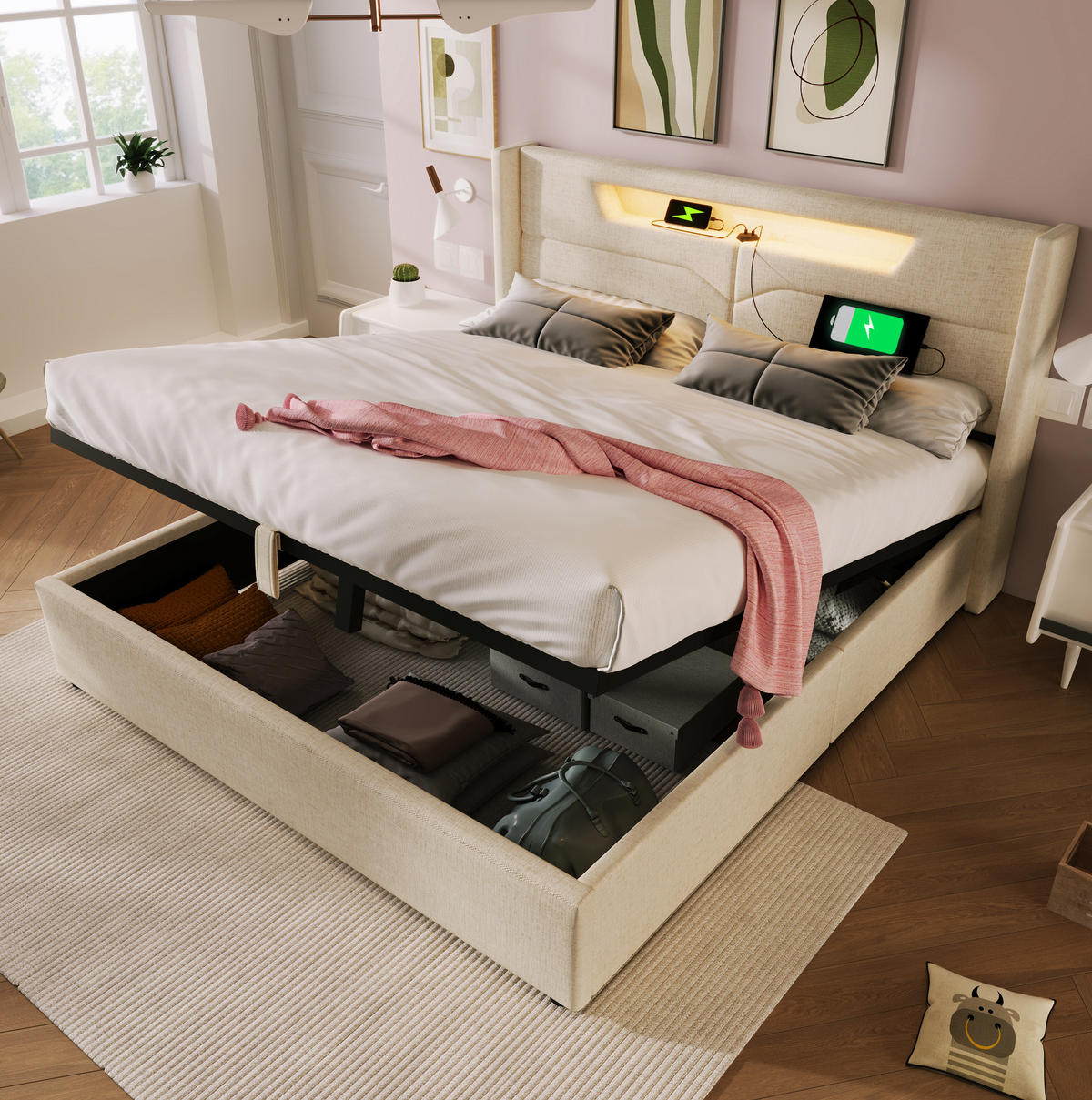 POLSTERBETT 140/200 cm Beige aus Leinen mit LED-Beleuchtung und USB-Ladefunktion mit Matratze - Beige, Textil (140/200cm) - OKWISH