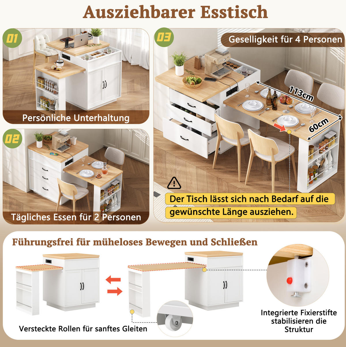 KÜCHENINSEL 125,5-187,5/71/93 cm aus MDF mit ausziehbarer Tischplatte und LED-Beleuchtung Weiß - Weiß, Holzwerkstoff (125.5/93/71cm) - Modenvie