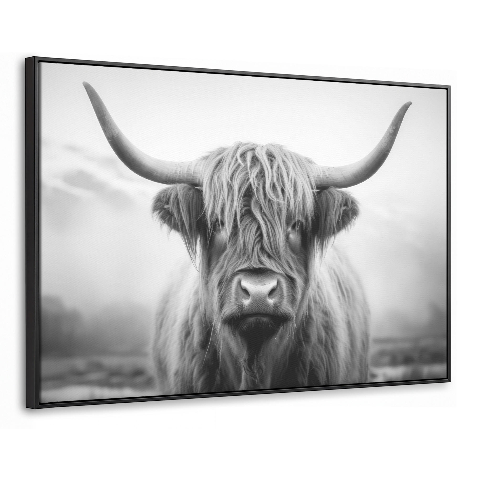 LEINWAND Bilder mit Rahmen - Schottischer Highlander - Nebel - Schwarz - Weiß - 120x80 - Grau, Textil (120/80cm) - MuchoWow