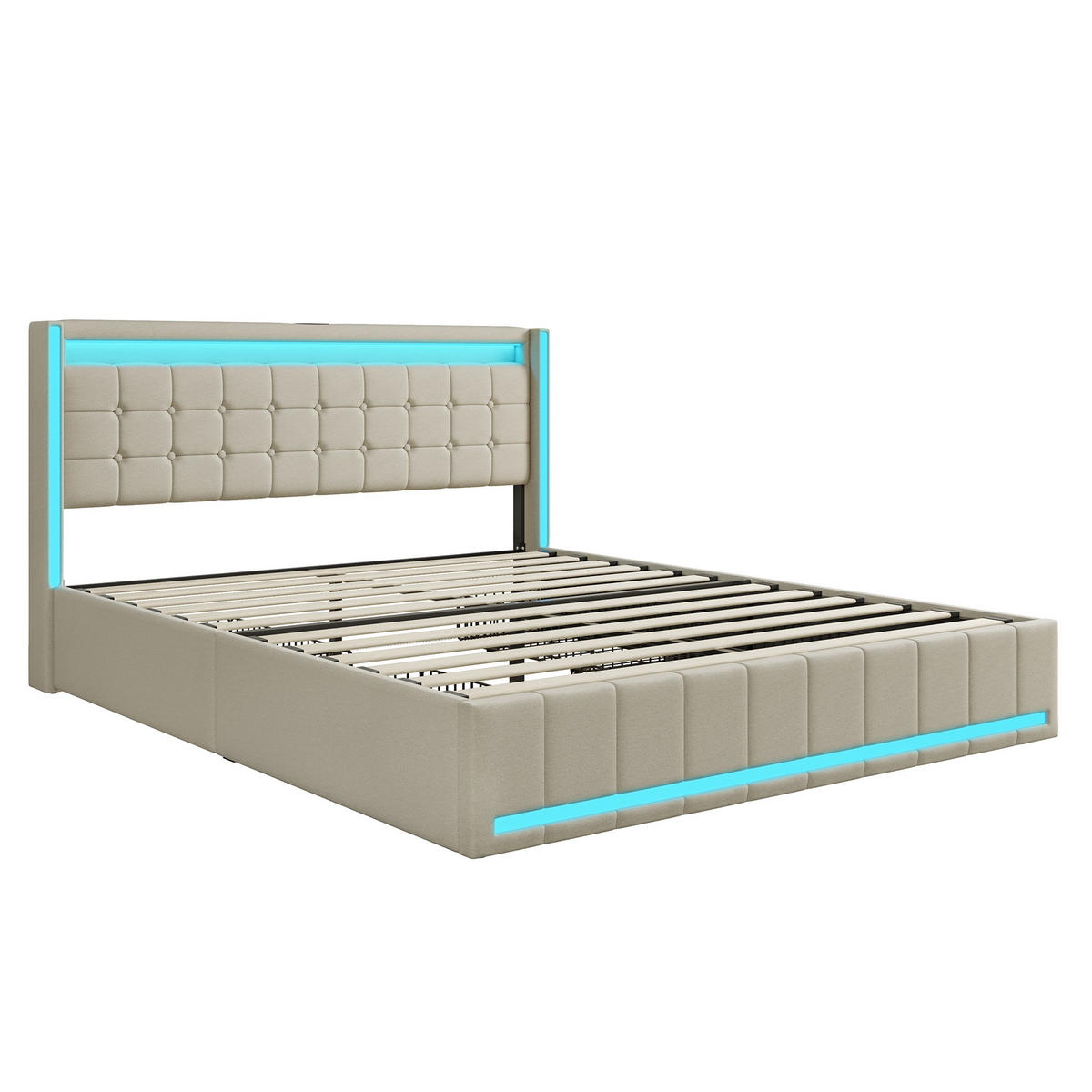 POLSTERBETT 140x200 cm Lumina Smart mit 3-Zonen RGB-LED, USB & USB-C, 4 Schubladen, Leinen-Optik, Beige - Beige, Textil (140/200cm) - DELFA