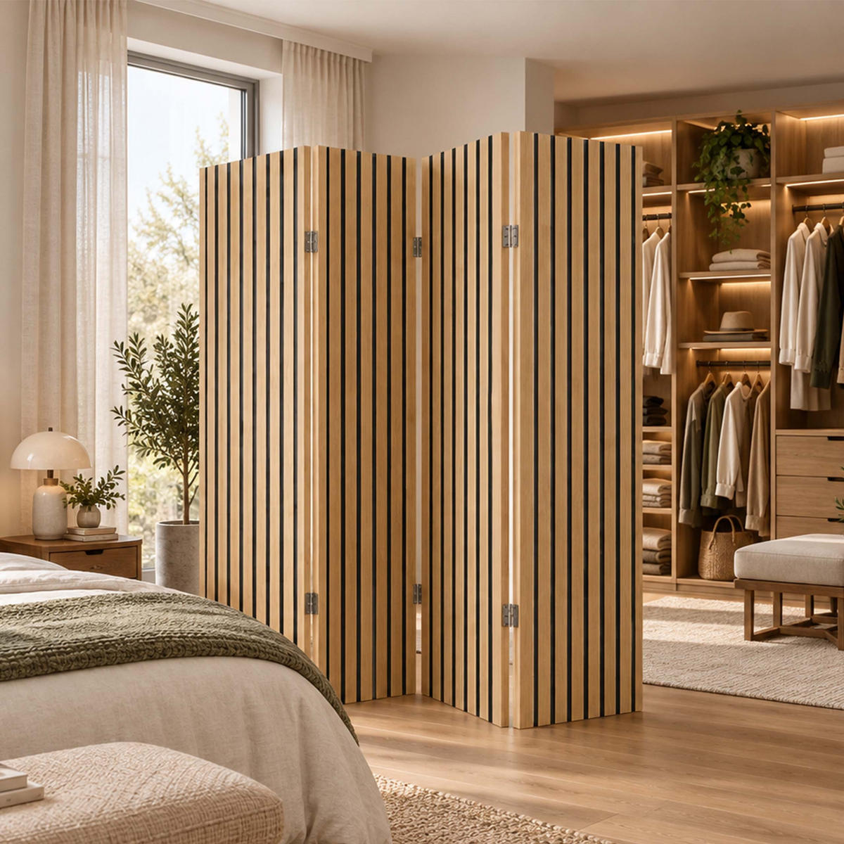 PARAVÁN Přírodní Černá 4-dílný - světle hnědá, dřevo/textil (160/170/2cm) - Relaxdays