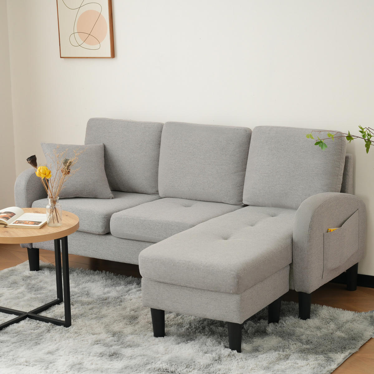 ECKSOFA L-Form 3-Sitzer mit Chaiselongue Baumwoll-Leinen Grau 166/118/77 cm - Hellgrau, Kunststoff (166/118cm) - OKWISH