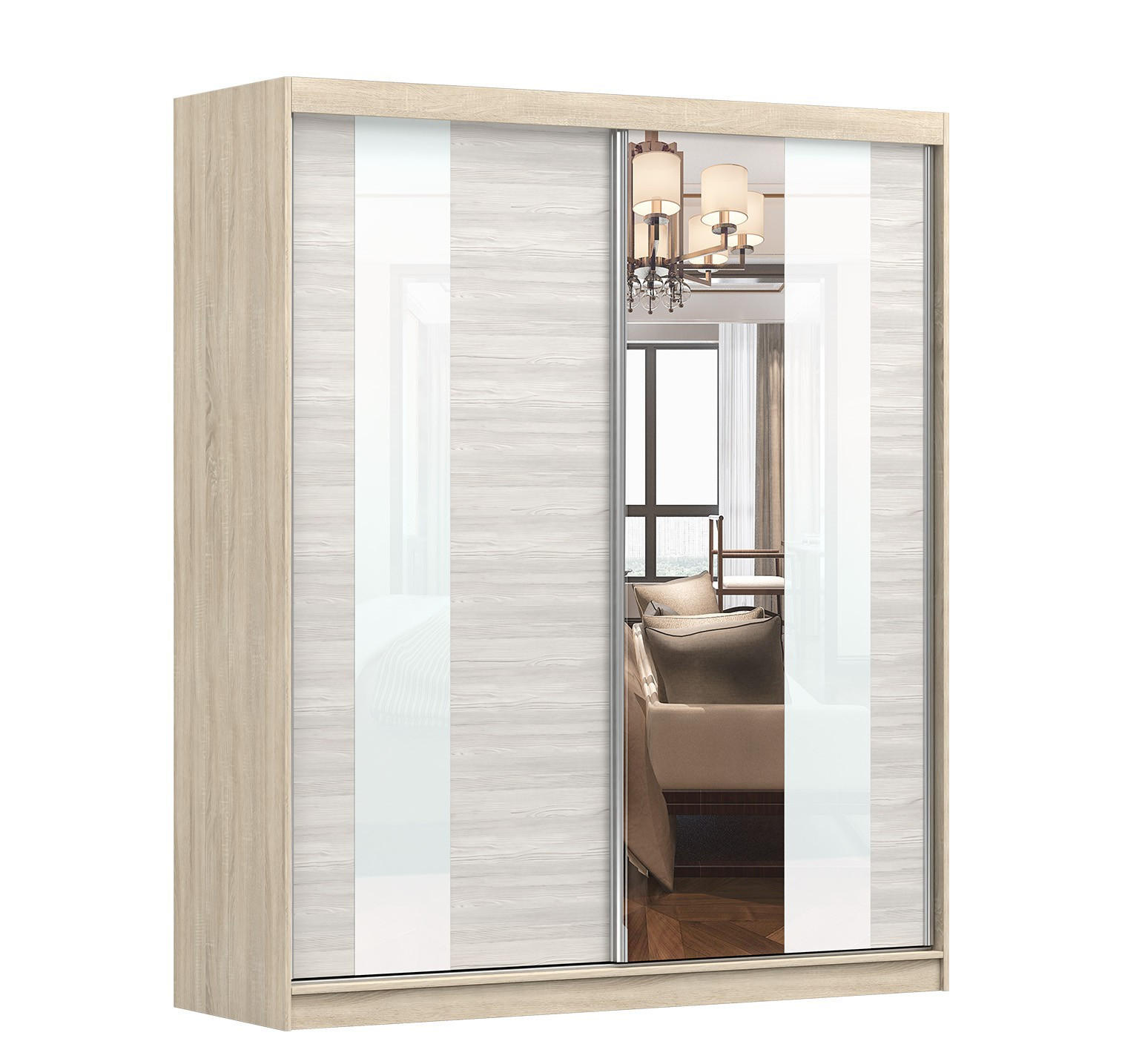 imoebel24 Schwebetürenschrank Sonoma Eiche, Weiß 183x218x61 cm