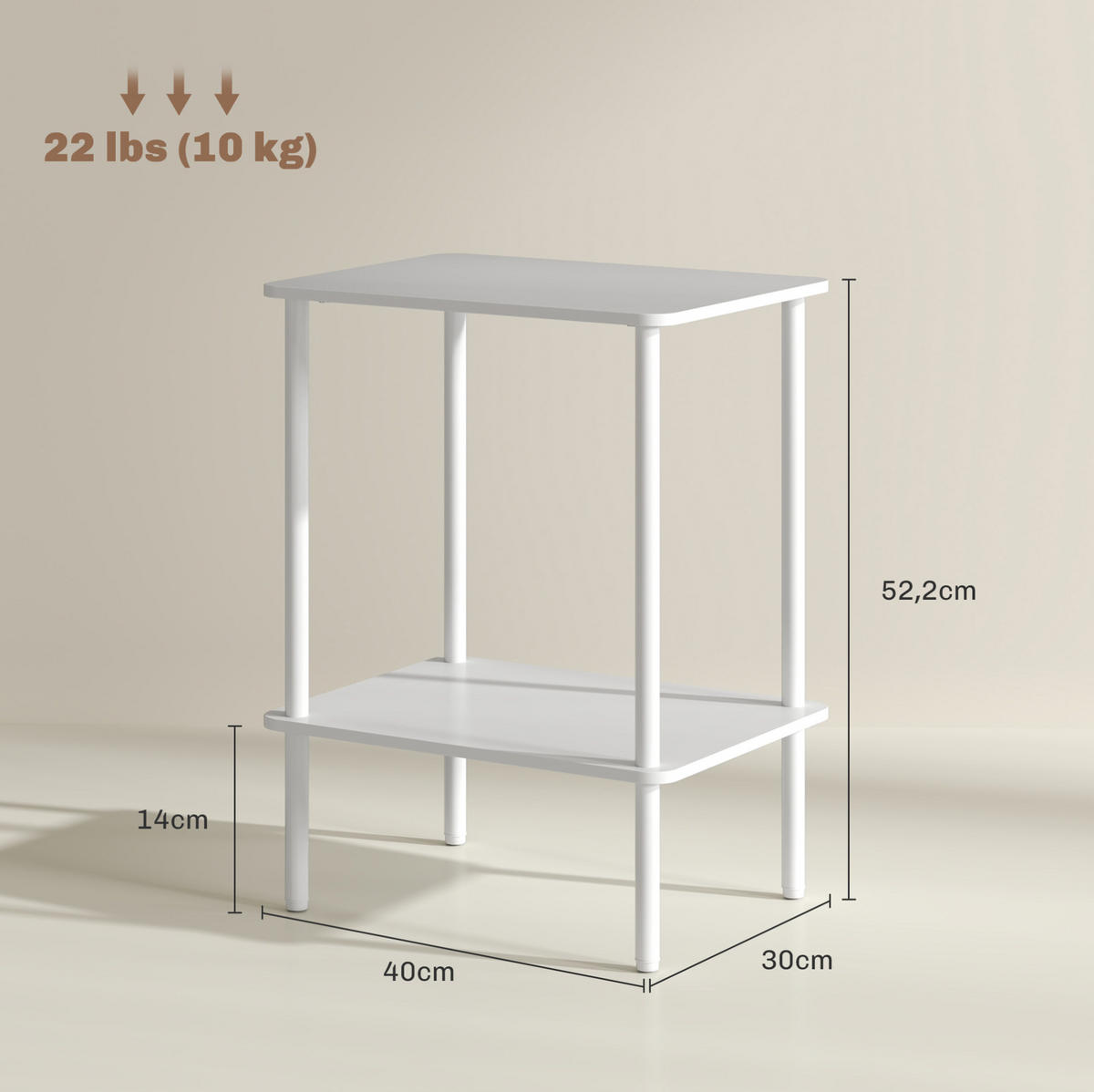 BEISTELLTISCH 40/30/52,2 cm mit 2 Ablagen, Metallrahmen und Holzwerkstoff, Weiß - Weiß, Holzwerkstoff (30/40/52.2cm) - Redom