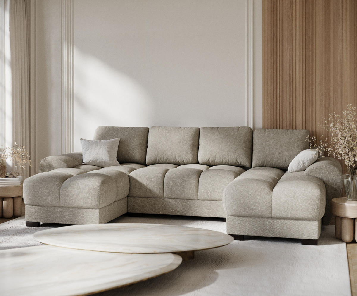 WOHNLANDSCHAFT Peebles Beige Grau Chenille-Stoff - Beige/Schwarz, Holz/Holzwerkstoff (330/90/175cm) - Maison de Reve