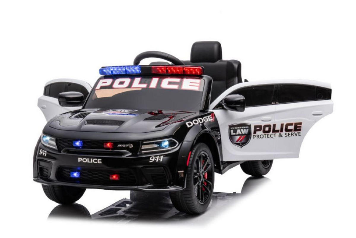 KINDER ELEKTROAUTO Dodge Polizei schwarz Polizeilichter, Sirene, Kunstledersitz, lizenziert, Stoßdämpfer - Schwarz, Kunststoff (112/68/50cm) - Es-Toys