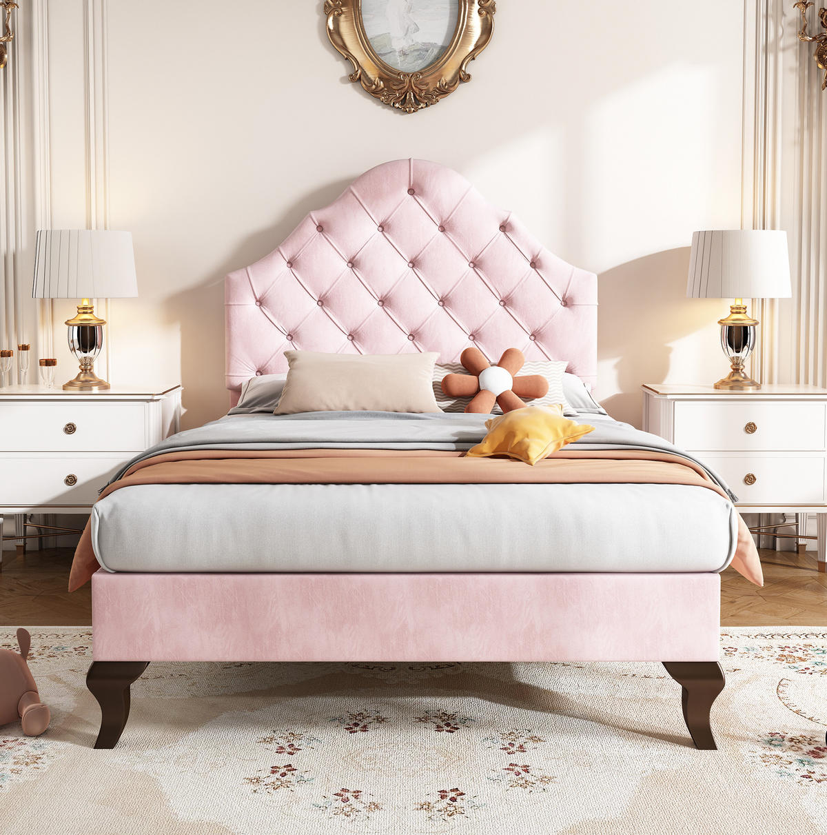 SAMT-POLSTERBETT 90/200 cm in Rosa mit Lattenrost und verstellbarem Kopfteil - Rosa, Textil (90/200cm) - BEAOK