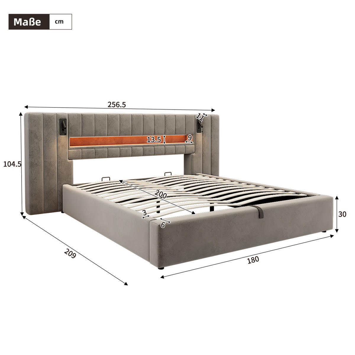 ČALÚNENÁ posteľ 180/200 cm zamat sivá, s LED osvetlením, USB a úložným priestorom - sivá, textil (180/200cm) - BEAOK