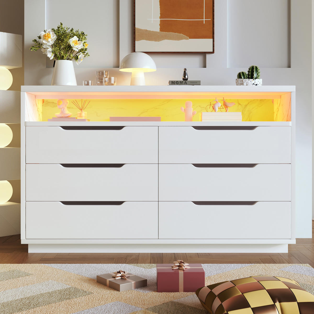 SIDEBOARD 120/40/85 cm in Weiß mit LED aus Spanplatte mit 6 Schubladen - Weiß, Holzwerkstoff/Metall (120/85/40cm) - CHICFURN
