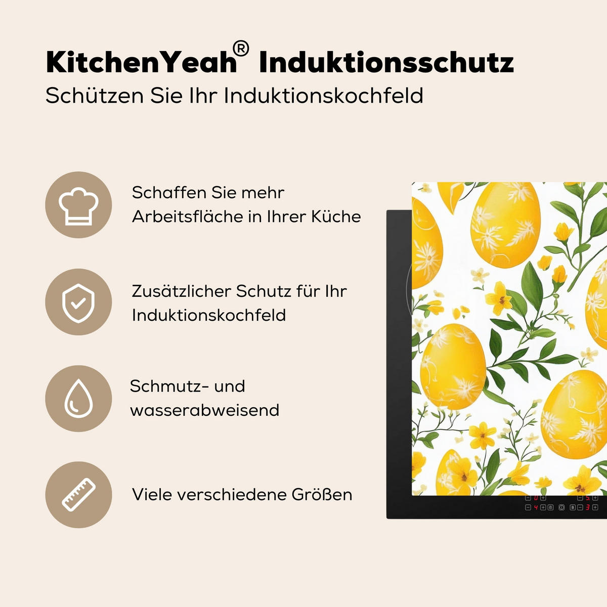 HERDABDECKPLATTE Blumen - Ostereier - Gelb Herdabdeckung Induktionsfeld 70x52 cm - Gelb, Kunststoff (70/52/0.2cm) - MuchoWow