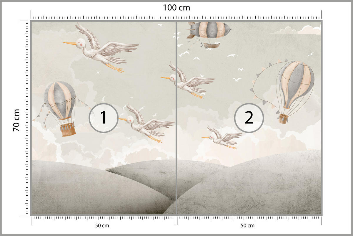 FOTOTAPETE für Kinderzimmer Boho Störche Aquarell Balon Luftschiff Himmel 100x70 - Beige/Weiß, Papier (100/70cm) - Muralo
