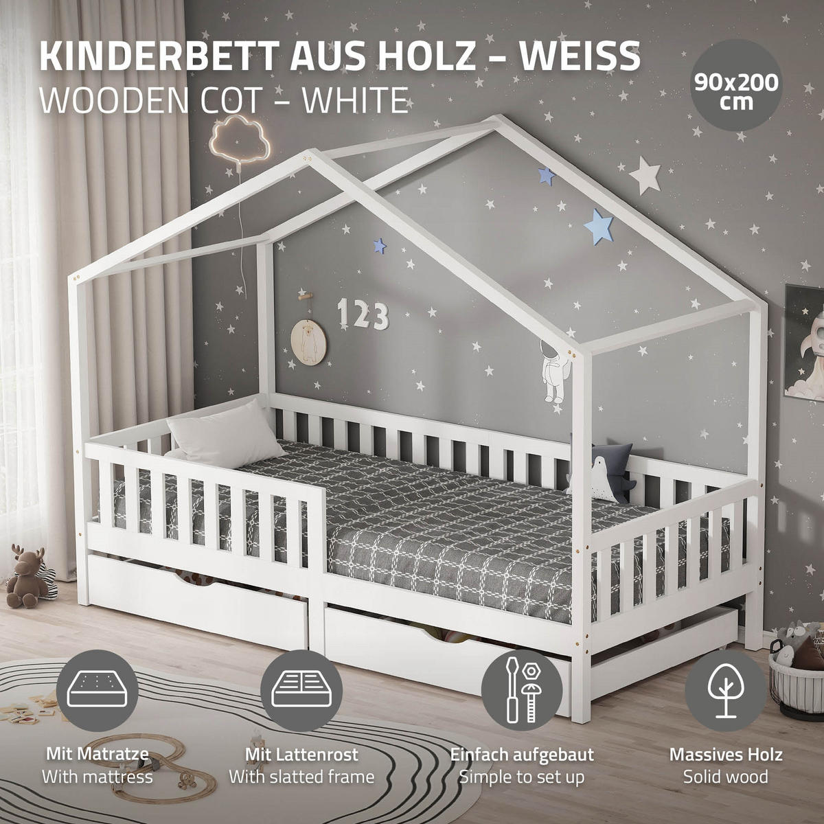 HAUSBETT mit Matratze 90x200 cm und 2 Schubladen Weiß aus Kiefernholz - Weiß, Holz (90/200cm) - ML-DESIGN