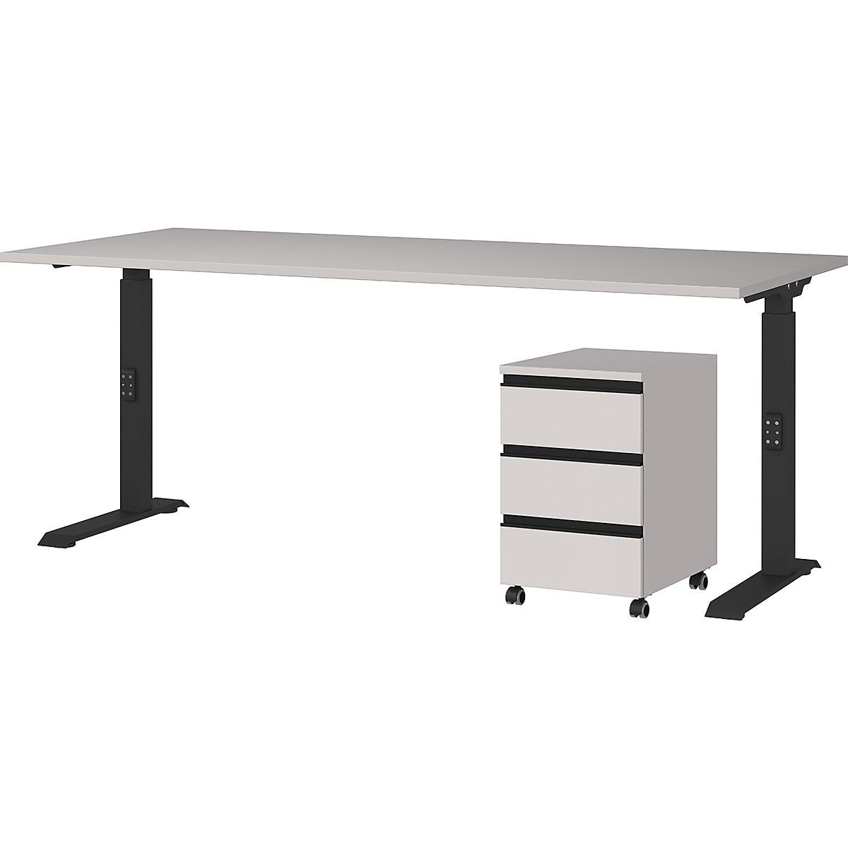 BÜROMÖBEL Set 2-teilig | Schreibtisch 180x80cm & Rollcontainer Greige/Schwarz | Einstellbar 68-91 cm & Soft-Close - Beige, Holzwerkstoff/Metall (80/235/91cm) - KADIMA DESIGN