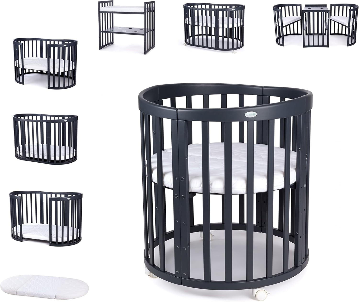 BABYBETT GRAPHITE OVAL 7in1 mit Matratze - Graphitfarben, Holz/Textil