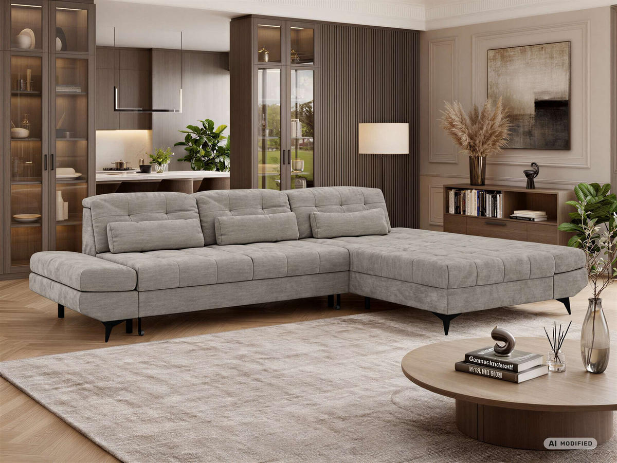 ECKSOFA ALVENO L - Hellgrau Schenille glatt - Rechts Seite - Hellgrau/Schwarz, Textil/Metall (344/218cm) - MKS