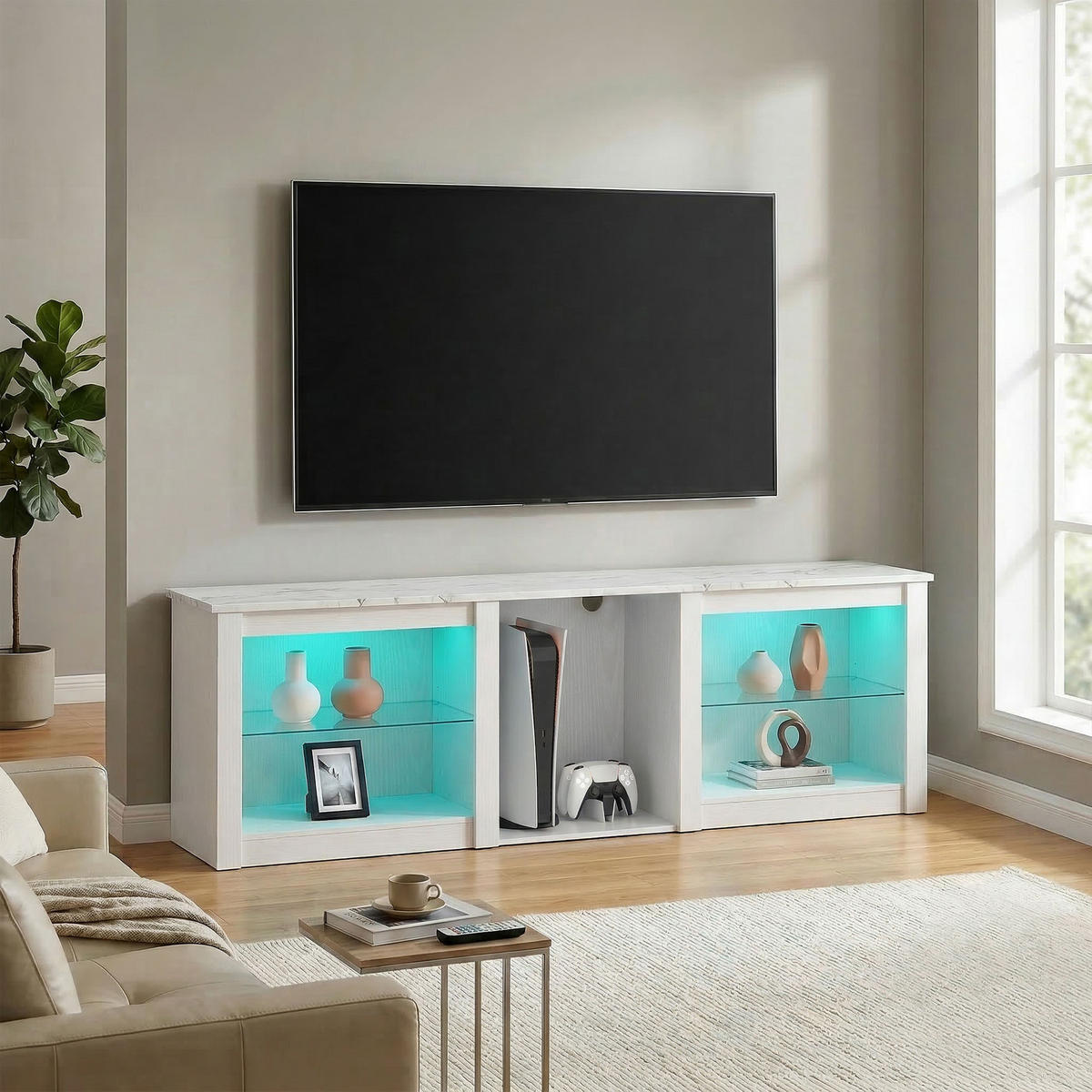 TV-LOWBOARD Weiß 160/35/51,7 cm, LED-Beleuchtung, Glasböden - Weiß, Holzwerkstoff (160/51.7/35cm) - PANGIVO