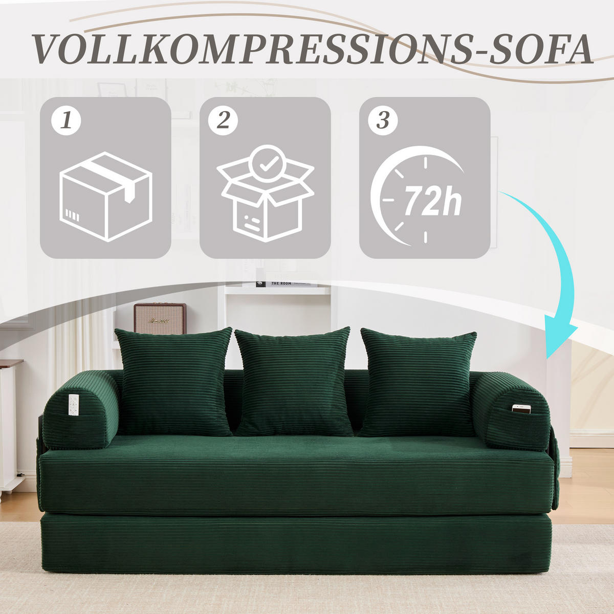 SCHLAFSOFA, Modulares Tagesbett mit Metallgestell, Klappbares Bodensofa Cordstoff, Grün - Grün, Textil (94/67/200cm) - LVHOM