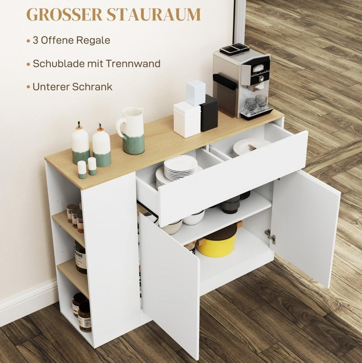 SIDEBOARD aus Holzwerkstoff 105x30x81,5 cm Weiß mit Schublade, verstellbaren Einlegeböden und Kippschutz - Weiß, Holzwerkstoff (105/81.5/30cm) - Modfu