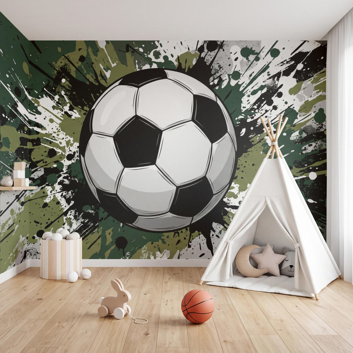 KINDERTAPETE - Fußball - Farbe - Spritzer - Grün - 450x300 cm - Dunkelgrün, Papier (450/300cm) - OnlyWow