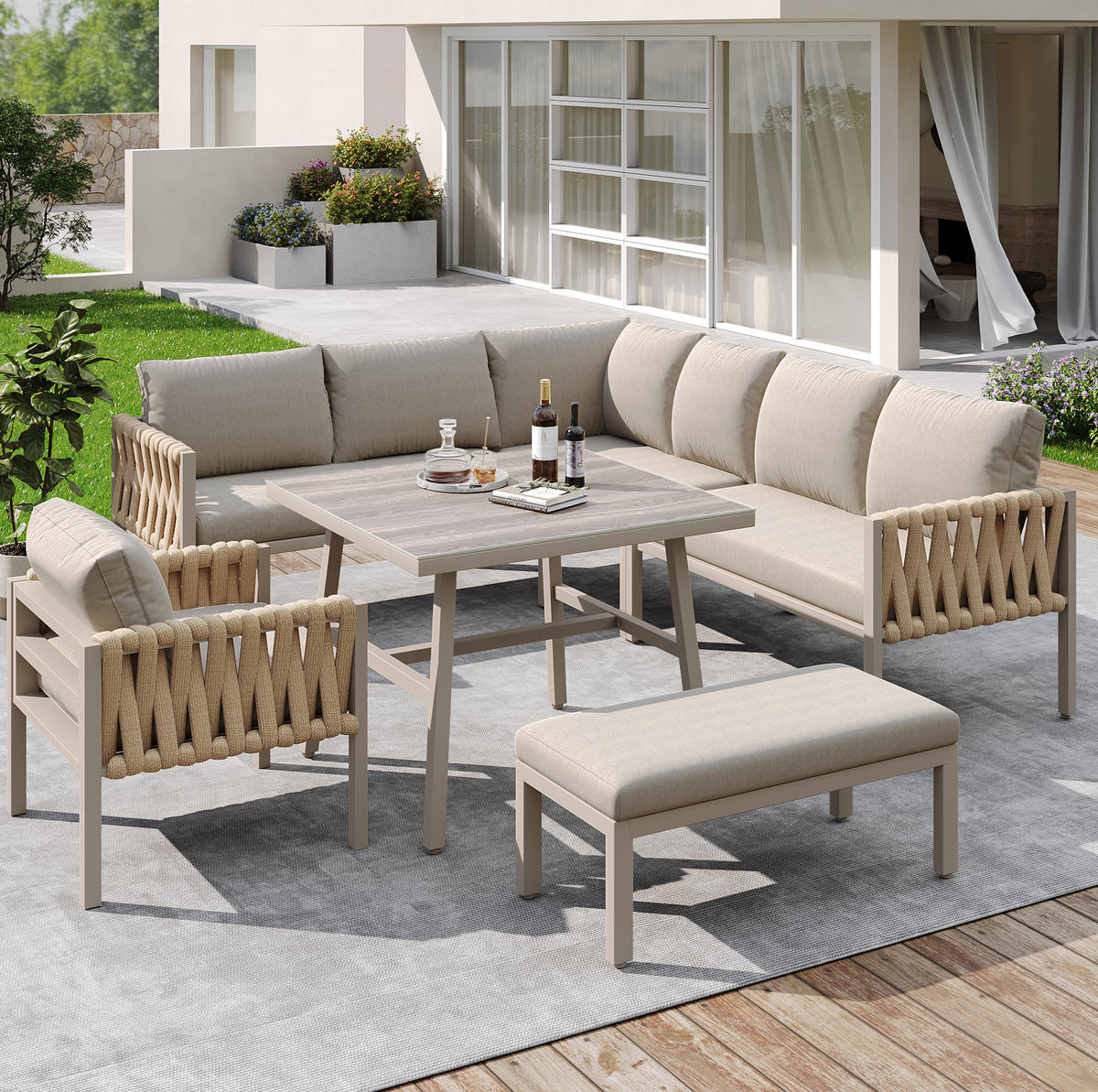 GARTENMÖBEL 238x61x78cm beige aus Eisen und mit Kissen - Beige, Metall - Modfu