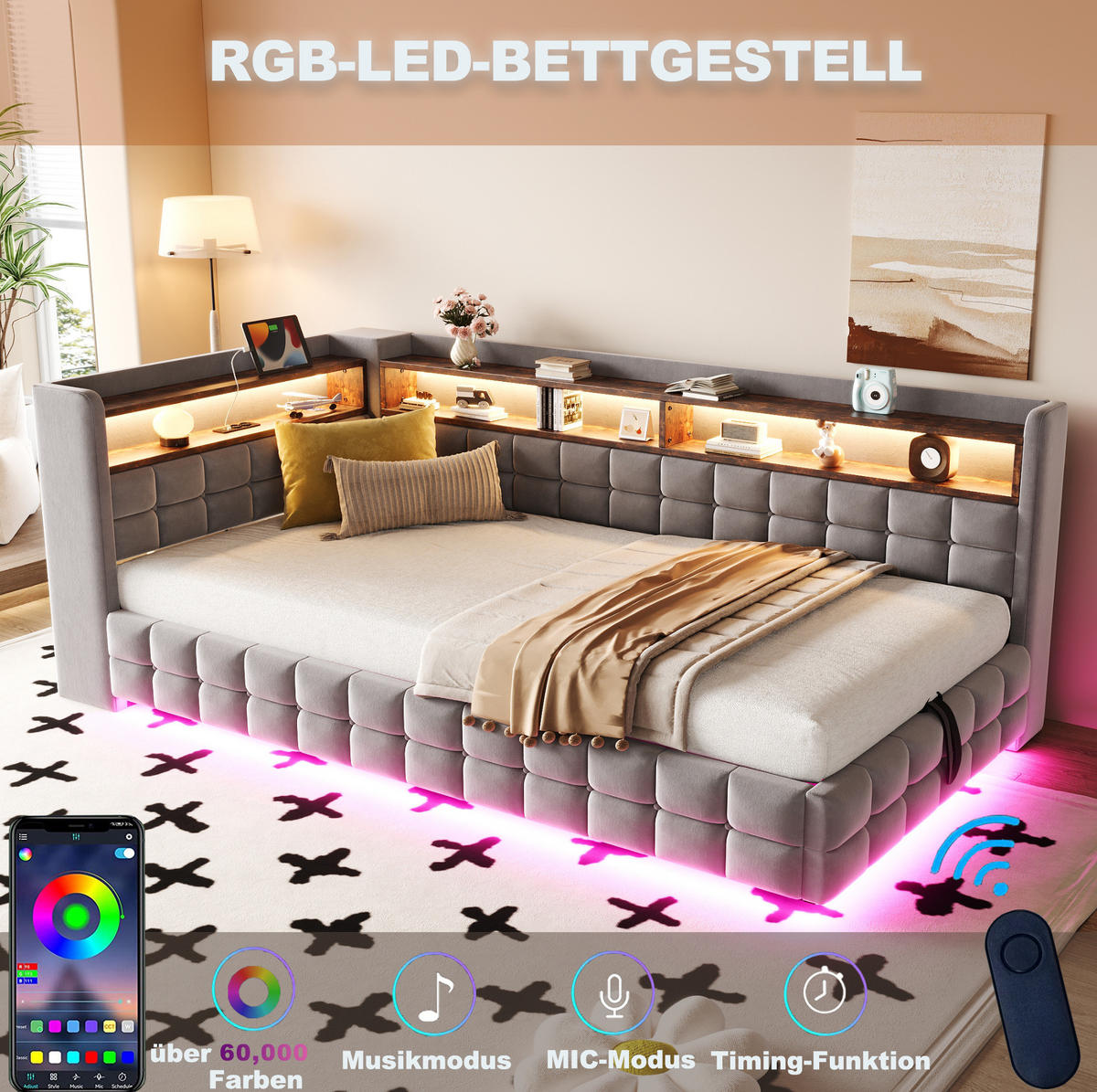 SCHLAFSOFA 90/200 cm mit hydraulischem Stauraum, Holzregalen, LED, Steckdose, USB und Typ-C, Samt, Hellgrau - Hellgrau, Textil (90/200cm) - Redom
