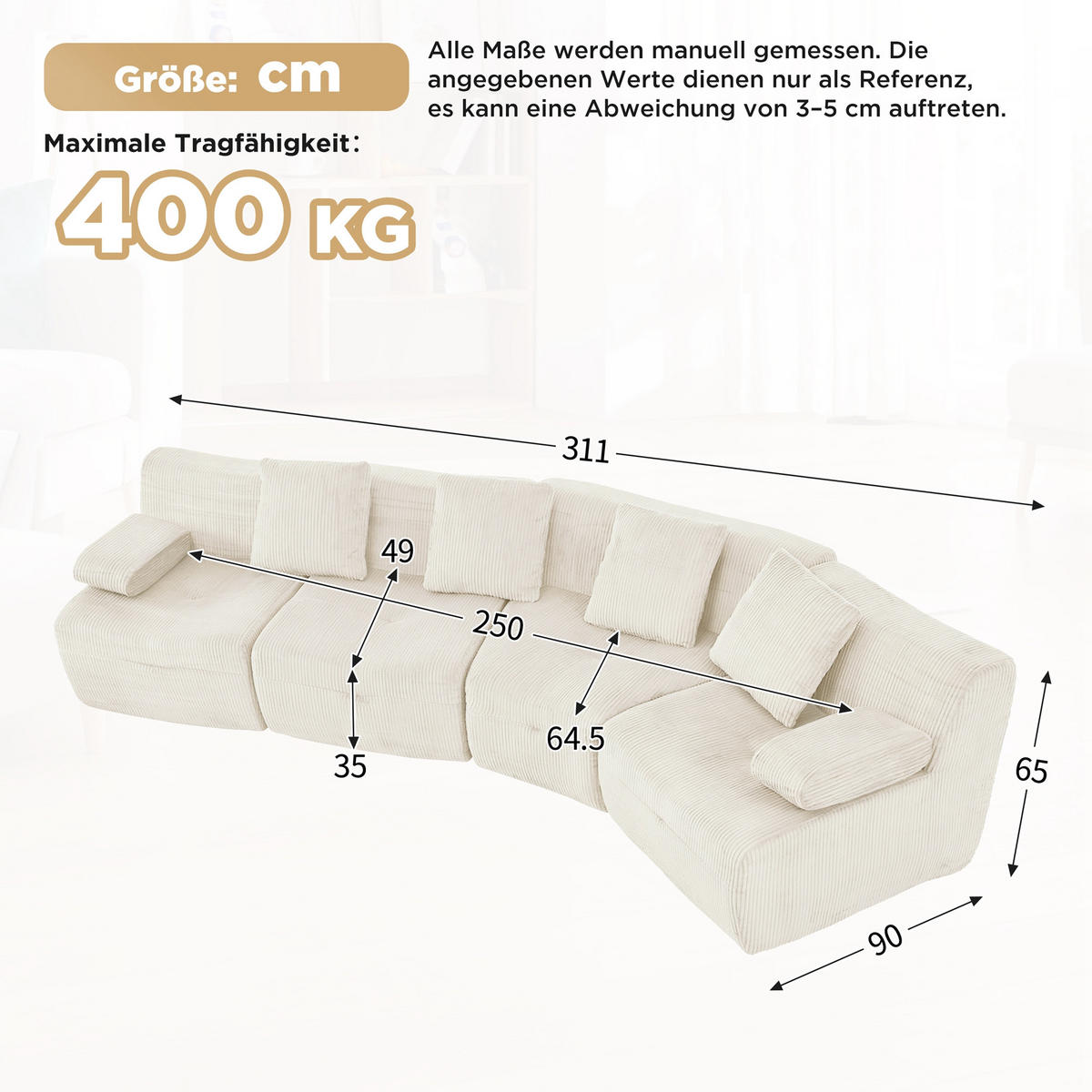 4-SITZER-SOFA modular Cord Kompression, DE-42936, Hellbeige - Beige, Textil (311/65/90cm) - ComfortXL