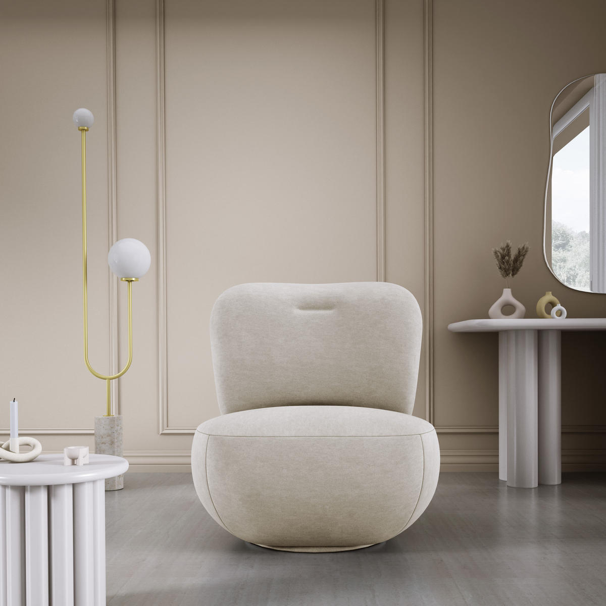 DREHSESSEL LUIS, Freistehend, Sitz drehbar 360°, 39x82x56 cm, SCHMUTZIGES BEIGE - Greige, Holz/Textil (82/72/66cm) - DomoHome