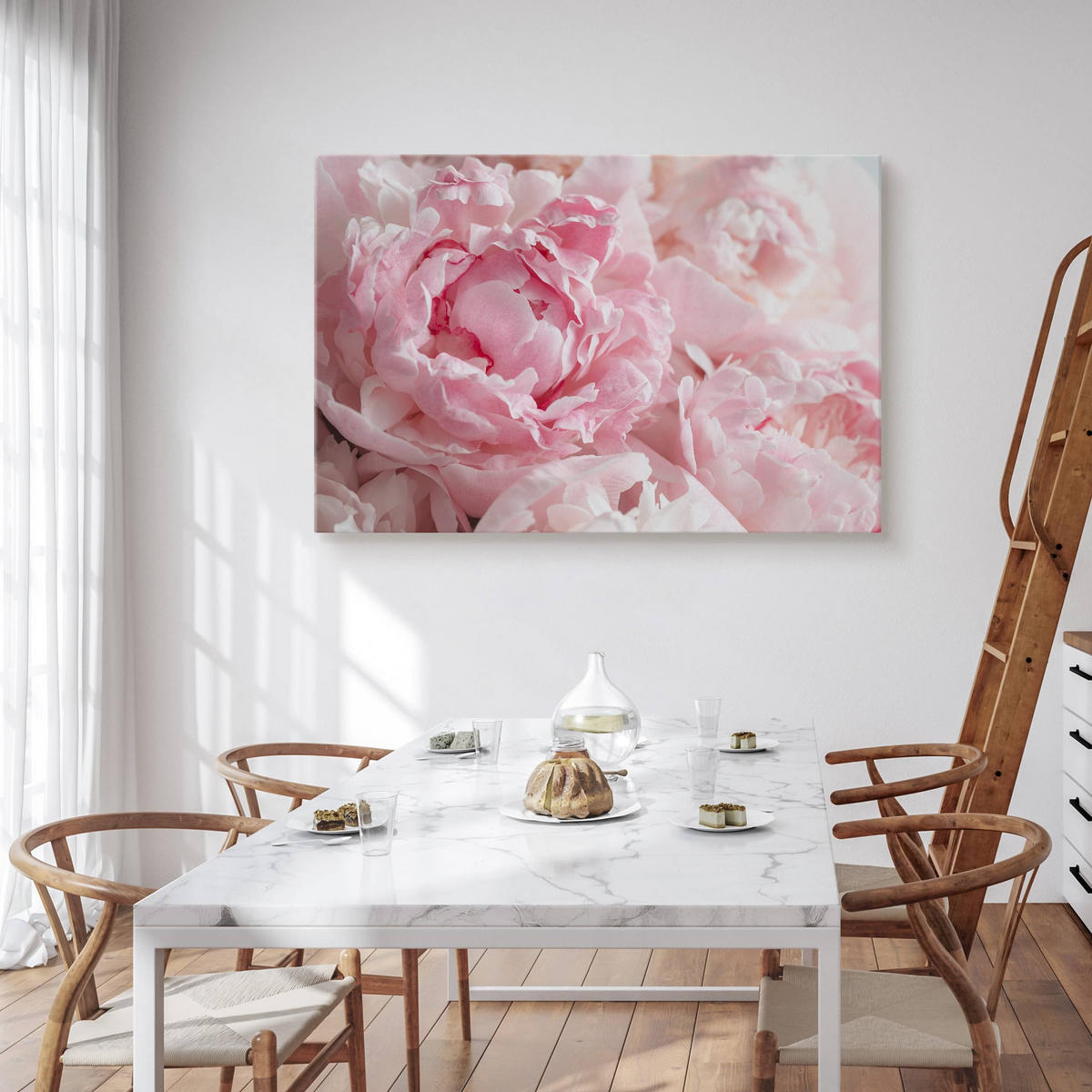 LEINWANDBILD Pfingstrosen Blumen 3D Pflanzen Natur 90x60 - Weiß/Rosa, Textil (90/60cm) - Muralo