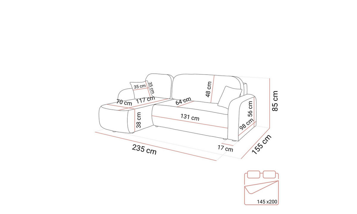 ECKSOFA PALOMA L 235/155/85 cm Coral 75 - Grau, Textil (235/155cm) - Lookway