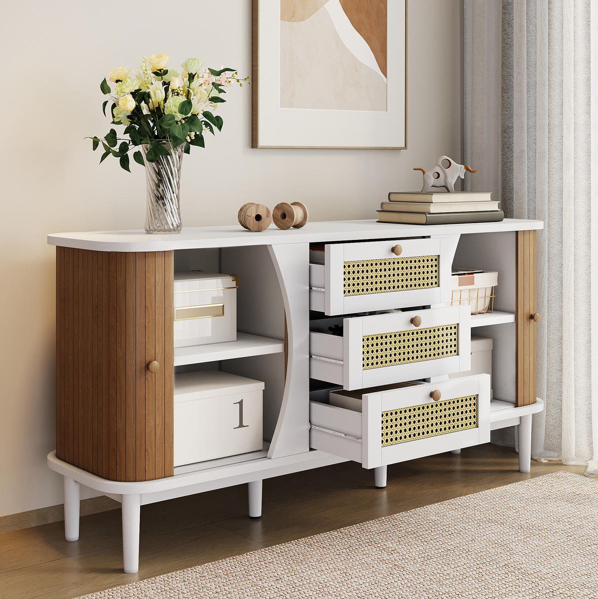 SIDEBOARD 140,5/40/76 cm mit 2 Türen & 3 Rattanschubladen in Weiß/Holzfarbe - Weiß, Holzwerkstoff (140.5/76/40cm) - BEAOK