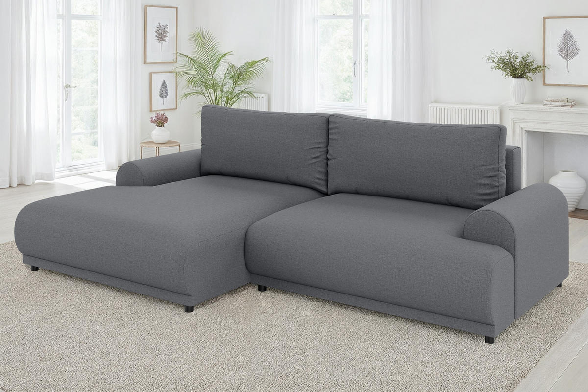 ECKSOFA mit Schlaffunktion, Bettkasten, extrabreite Ottomane links, abgerundete Armlehnen, B240/T145/H81 cm, Strukturstoff Dunkelgrau / 21034 - Dunkelgrau/Schwarz, Kunststoff/Textil (240/145cm) - luma-home