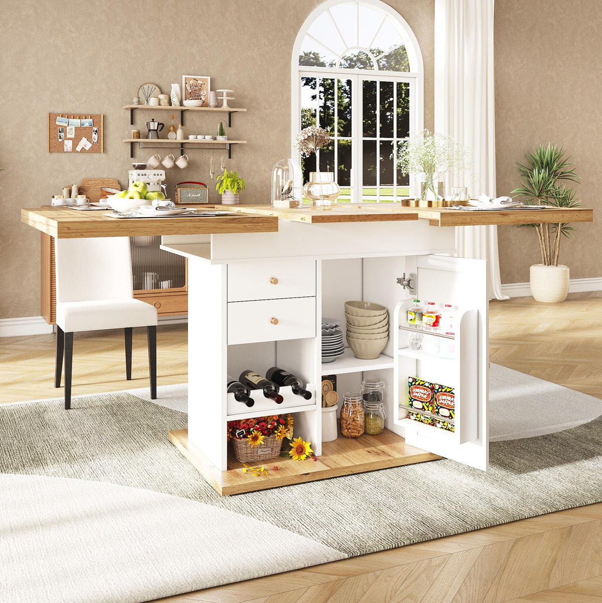 ESSTISCH aus MDF 110-140x80x75 cm Natur/Weiß ausziehbar mit Schublade, Klapptür und Regalen für Snacks und Wein - Naturfarben, Holzwerkstoff (140/80/75cm) - Modfu