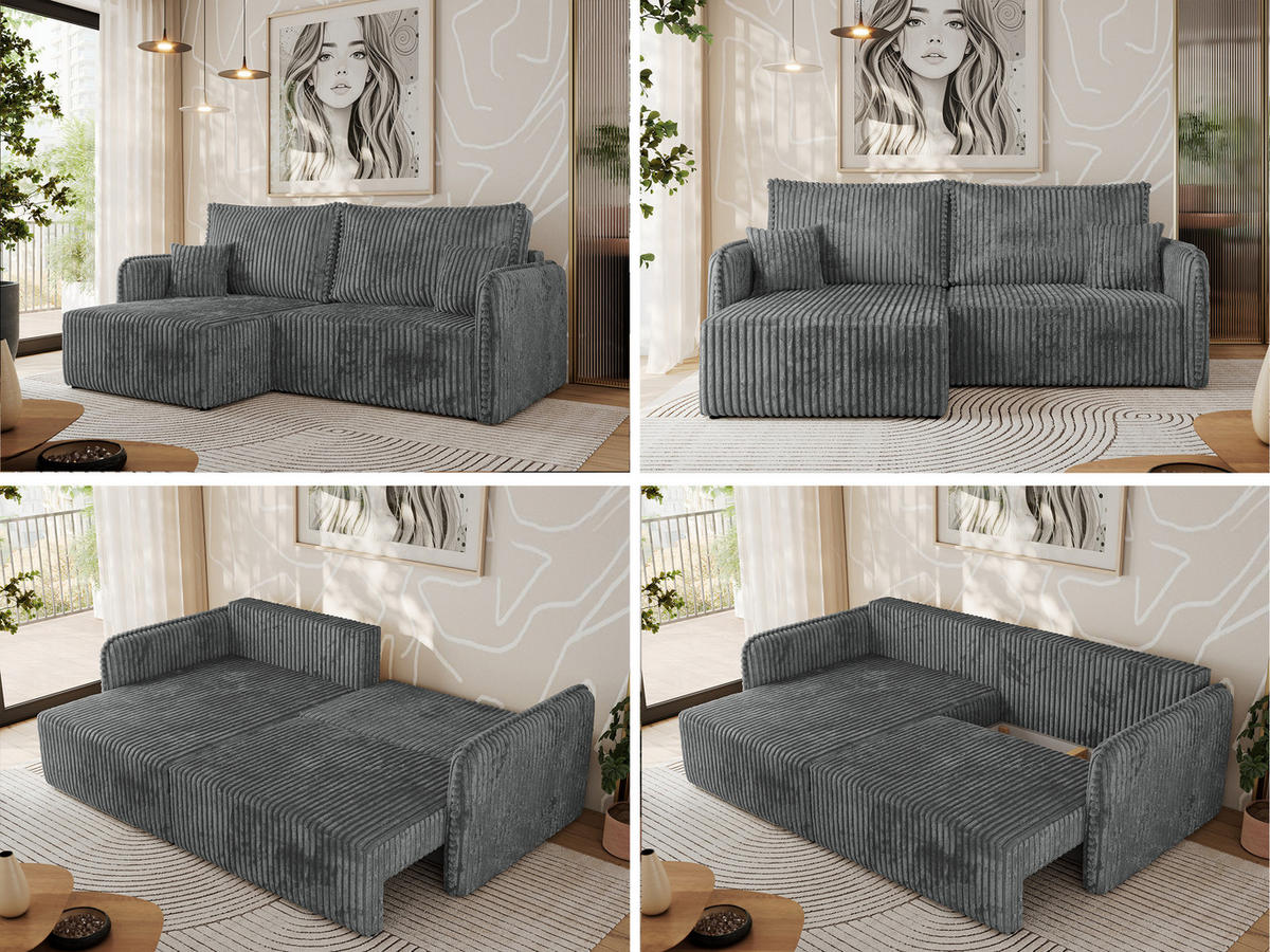 ECKSCHLAFSOFA MESTO L Dunkelgrau Cord - links - Dunkelgrau/Schwarz, Kunststoff/Textil (227/147cm) - MKS
