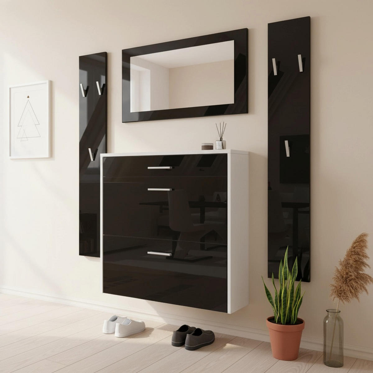 GARDEROBEN-SET Roma Air 4-teilig, Moderne Flurgarderoben Set mit Schuschrank, 2 Wandpaneele und Wandspiegel, Weiß matt/Schwarz Hochglanz - Schwarz Hochglanz, Holzwerkstoff (190/200/23cm) - InnoFurn