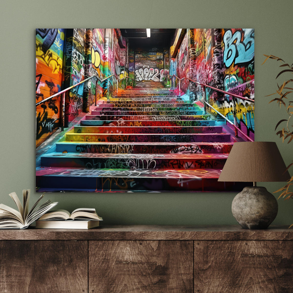 KOVOVÝ OBRAZ Schody - Graffiti - Farby - Umenie 80x60 cm - viacfarebná, kov (80/60cm) - MuchoWow