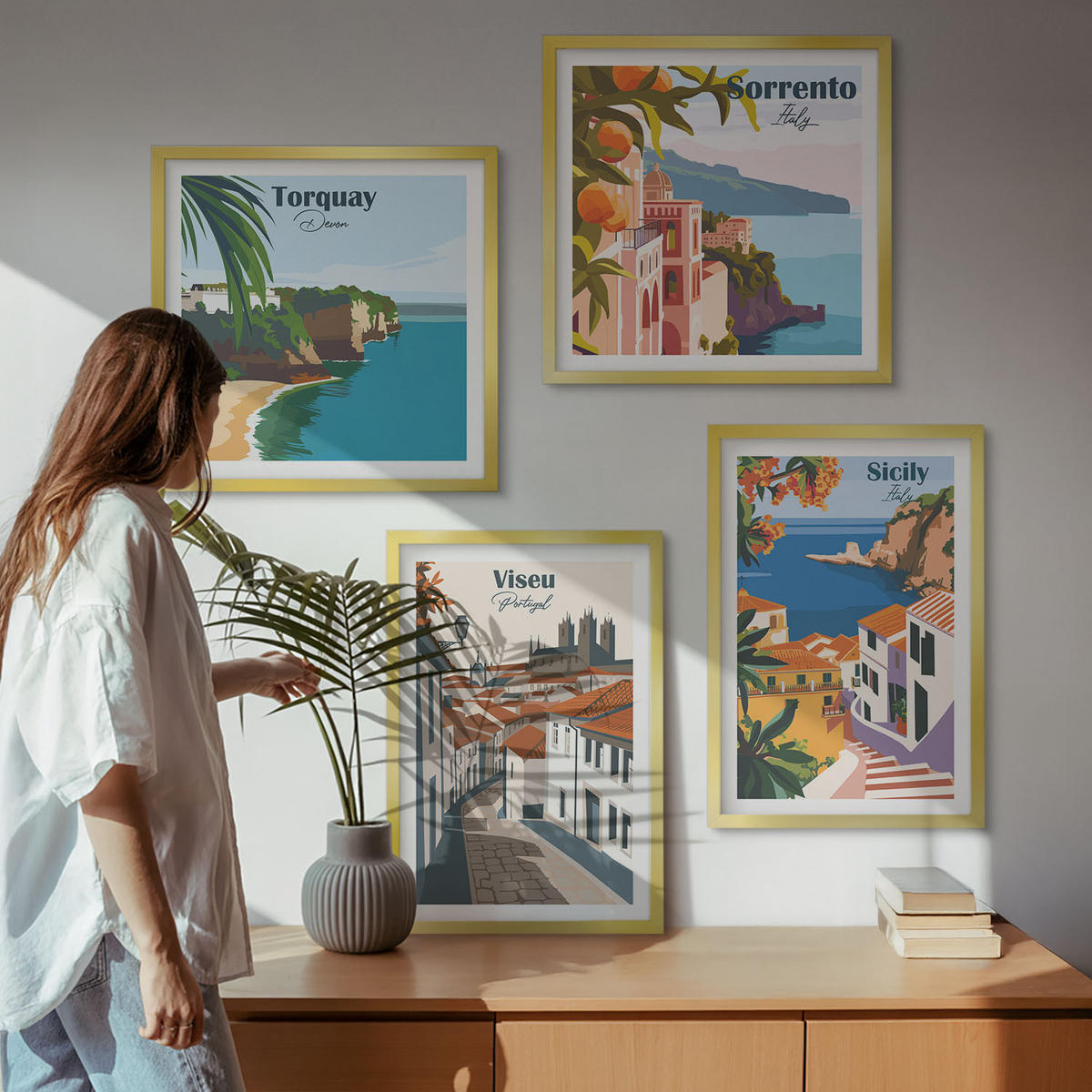 WANDBILDER 4er Set - 50x50 cm & 40x60 cm Goldrahmen - Retro-Illustrationen von Weltstädten - Goldfarben, Kunststoff (50/50cm) - ArtPrintCave