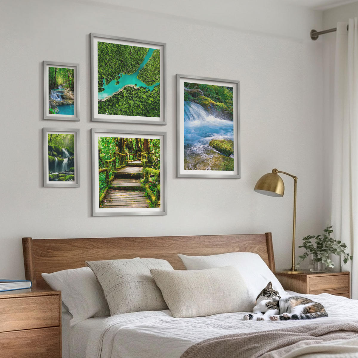 WANDBILDER 5er Set - 50x50 cm & 20x30 cm & 40x60 cm Silberner Rahmen - Grüne Berge, Flussfelsen - Silberfarben, Kunststoff (40/60cm) - ArtPrintCave