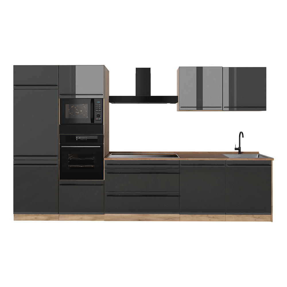 KUCHYŇSKÝ KOUT R-Line, Antracitový vysoký lesk/Zlatý mocný dub, 340 cm pracovná doska Dub Goldkraft - antracitová/barva dubu, kompozitní dřevo (340/206.8/60cm) - Vicco