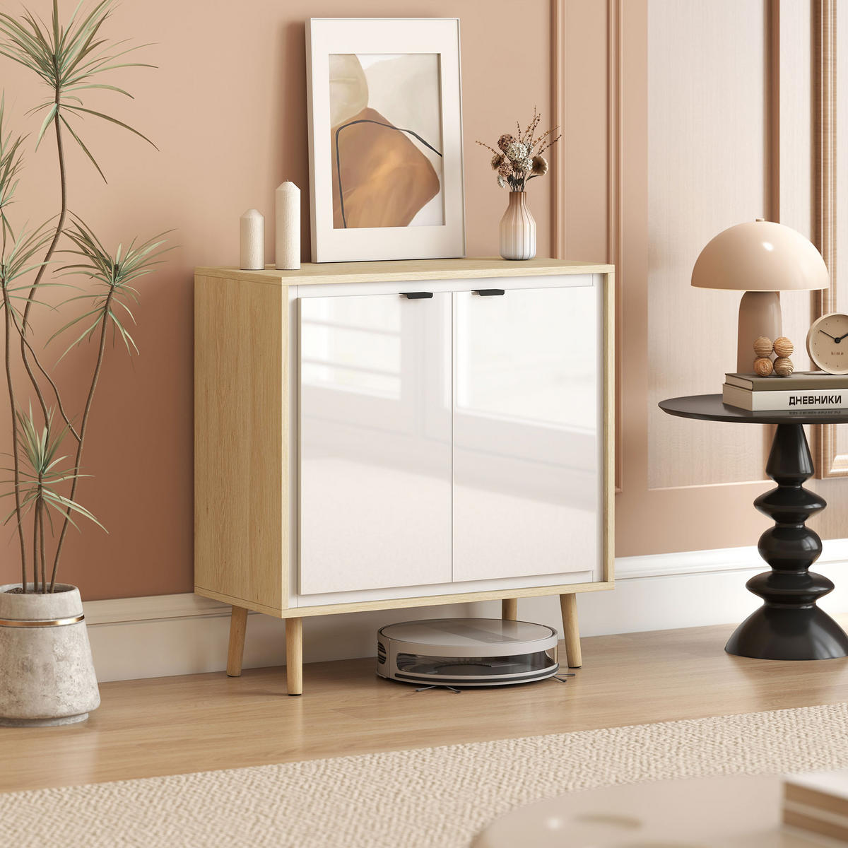 SIDEBOARD Weiß-Hochglanz und Eiche-Nachbildung, 72/35/77 cm - Weiß, Holz (72/77/35cm) - PANGIVO