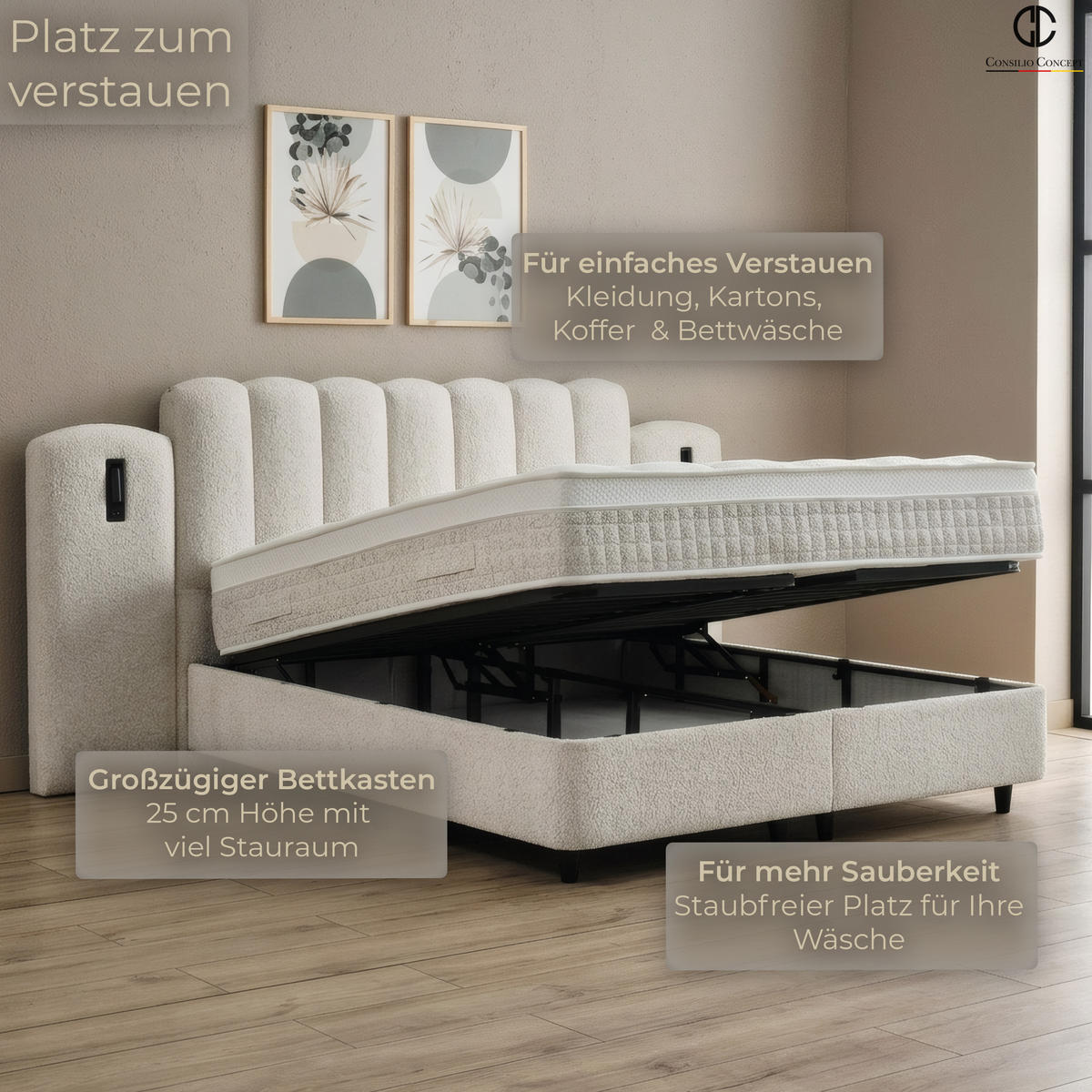 BOXSPRINGBETT MIT BETTKASTEN DUBAI 180/200 cm, Ivory, Bettkasten, Matratze, Topper integriert, H3 mittel 7-Zonen Matratze - Creme/Schwarz, Holz/Kunststoff (180/200cm) - Consilio Concept