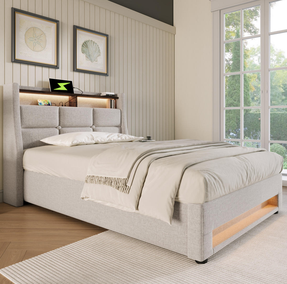 POLSTERBETT aus Leinen 90x200 cm Hellbeige mit Bettkasten, LED-Beleuchtung, USB und Matratze - Beige, Textil (90/200cm) - IVMEU
