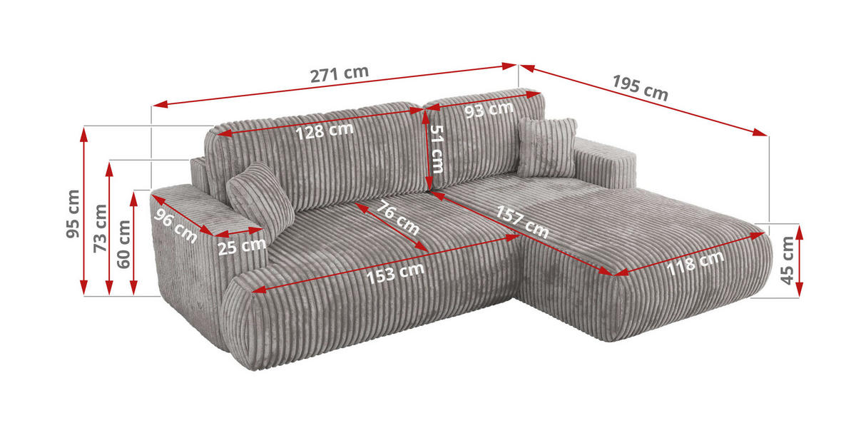 ECKSOFA OVO L Hellgrau Cord - Rechts Seite - Hellgrau/Schwarz, Kunststoff/Textil (195/271cm) - MKS