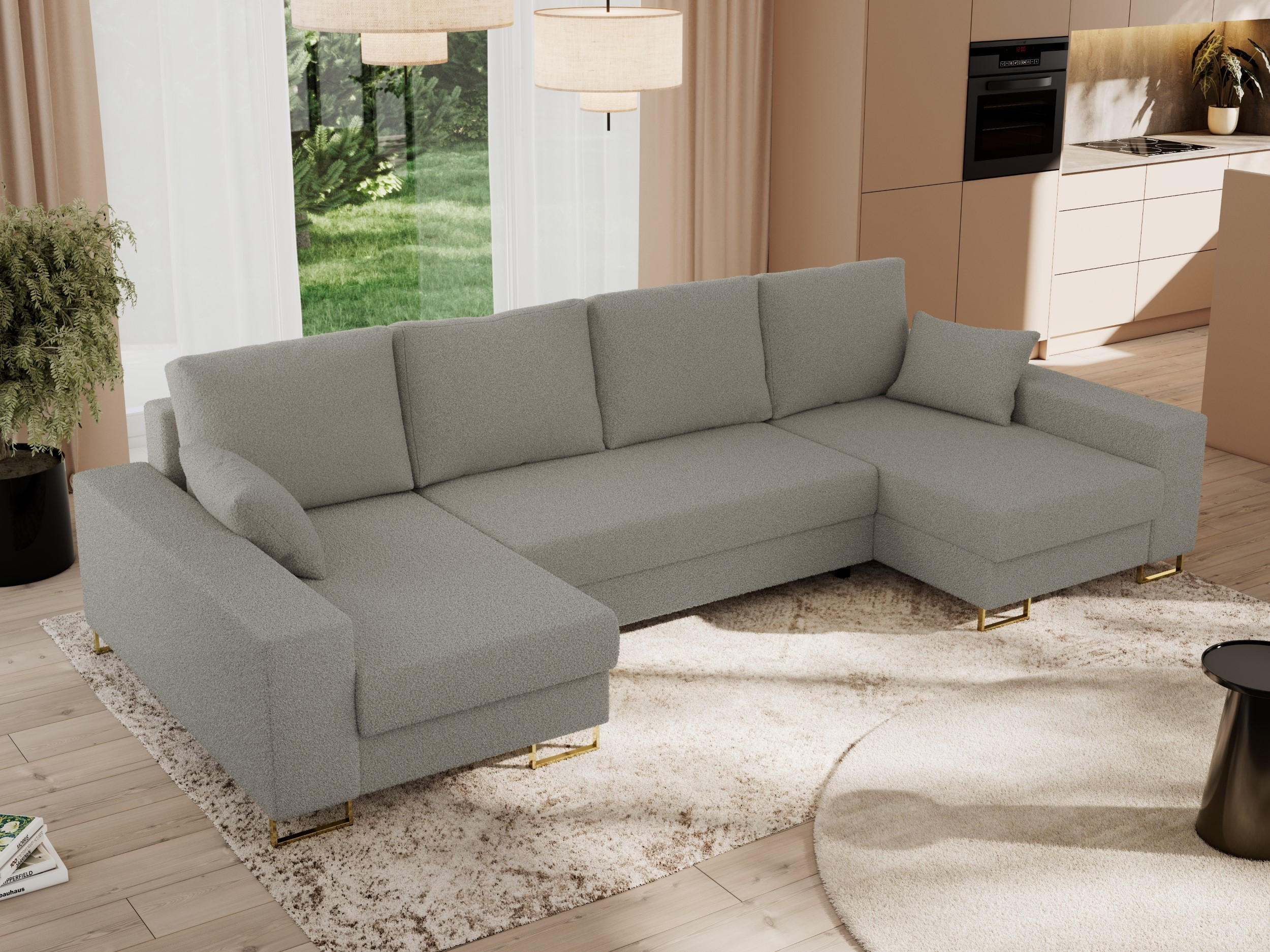 WOHNLANDSCHAFT DORIAN U Bouclé Hellgrau - Goldfarben/Hellgrau, Textil/Metall (312/95/138cm) - MKS