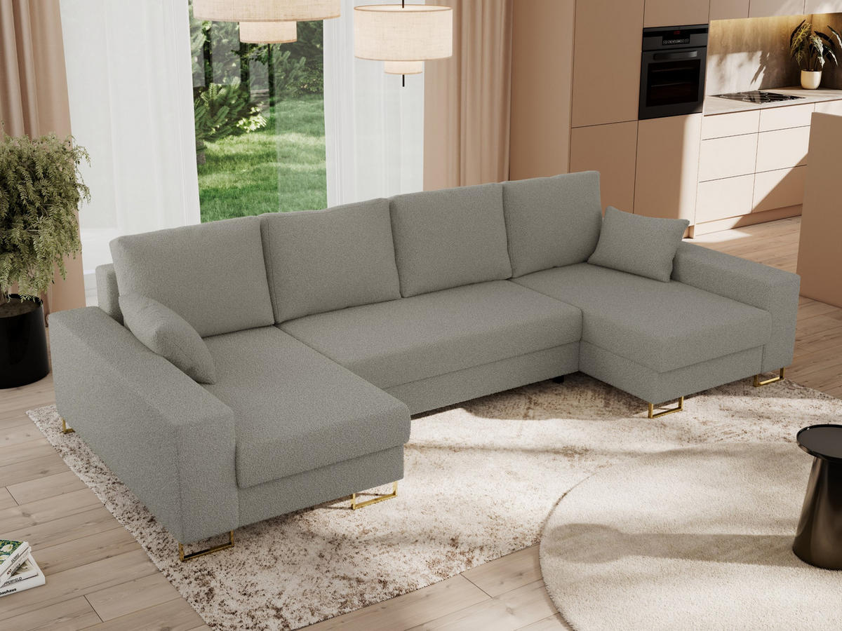 WOHNLANDSCHAFT DORIAN U Bouclé Hellgrau - Goldfarben/Hellgrau, Textil/Metall (312/95/138cm) - MKS