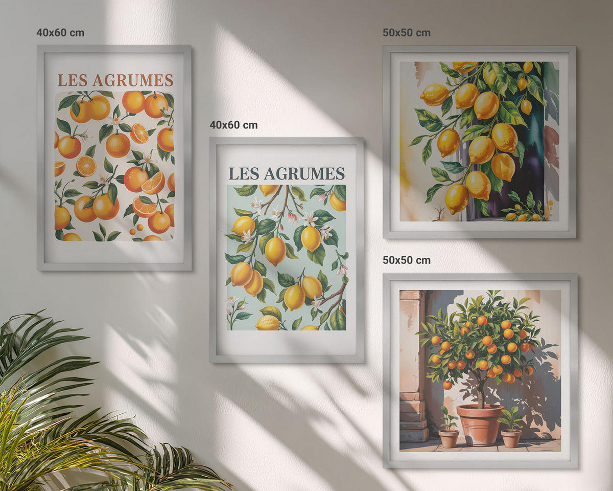 BILDER SET 4er Set - 50x50 cm & 40x60 cm Silberner Rahmen - Fruchtige Zitrusmuster - Silberfarben, Kunststoff (50/50cm) - TULUP