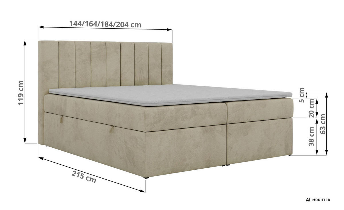 BOXBETT ALVER 200/200 - Beige Velvet - Topper T25 - H3 - Beige/Schwarz, Kunststoff/Textil (200/200cm) - MKS