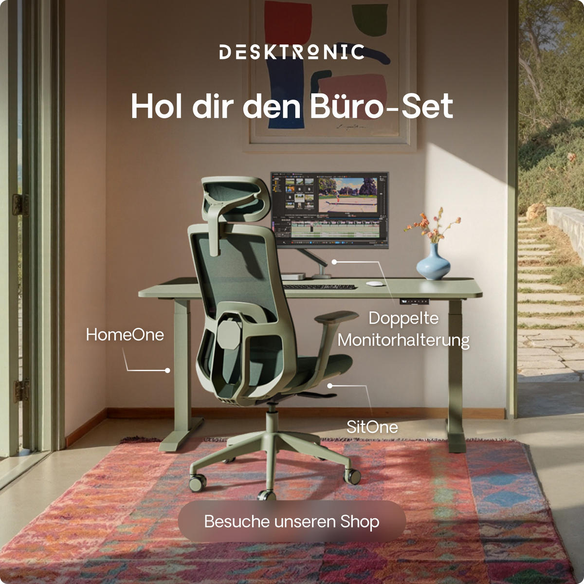 SCHREIBTISCH Elektrisch Höhenverstellbarer HomeOne 120x60cm Grün/Grün mit Memory-Funktion, Anti-Kollisions Technologie - Grün, Holzwerkstoff (60/120/72cm) - Desktronic