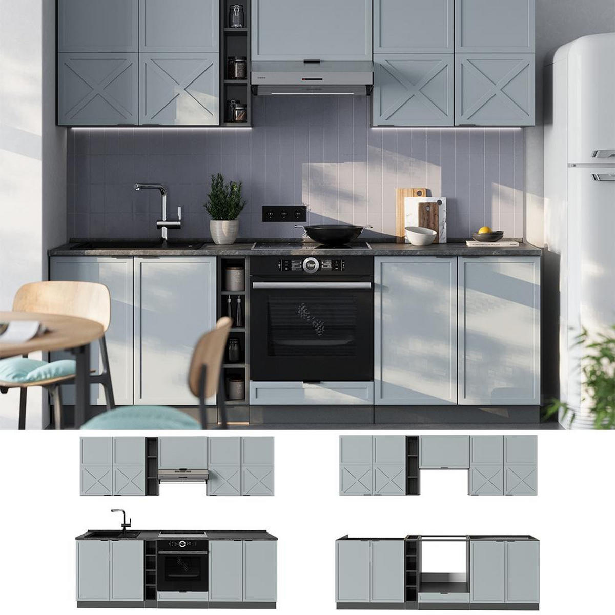 KITCHENETTE Fame-Line Albastru-gri deschis/antracit 235 cm , AP Marmură - albastru deschis/antracit, compozit lemnos (235/206.8/60cm) - Vicco